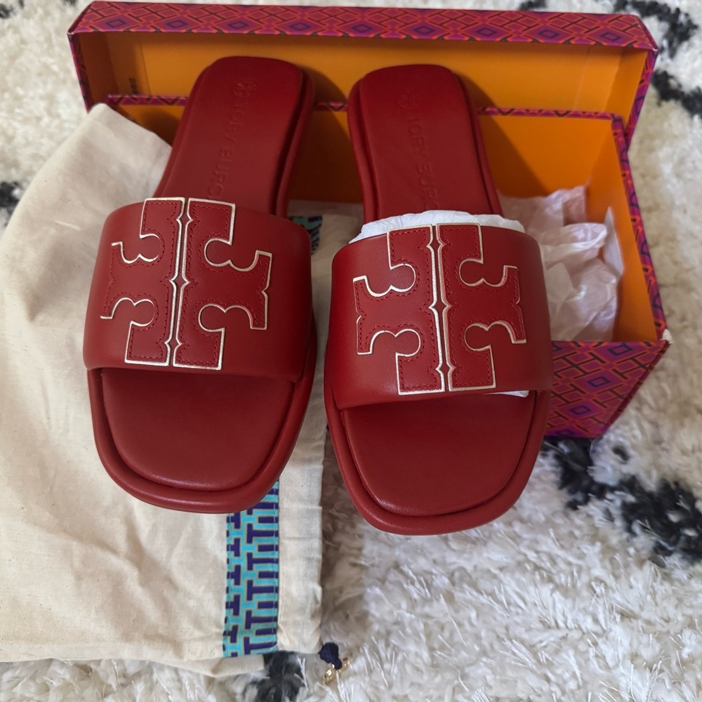 Brand New Tory Burch Red Double T Slides